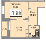 Однокомнатная квартира 46.8 м²
